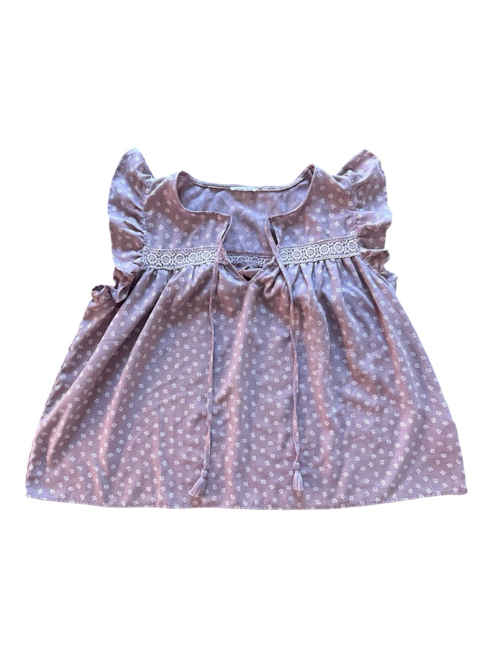 In Loom 100% Cotton Lavender Purple Floral Tie-Front Peasant Top Large